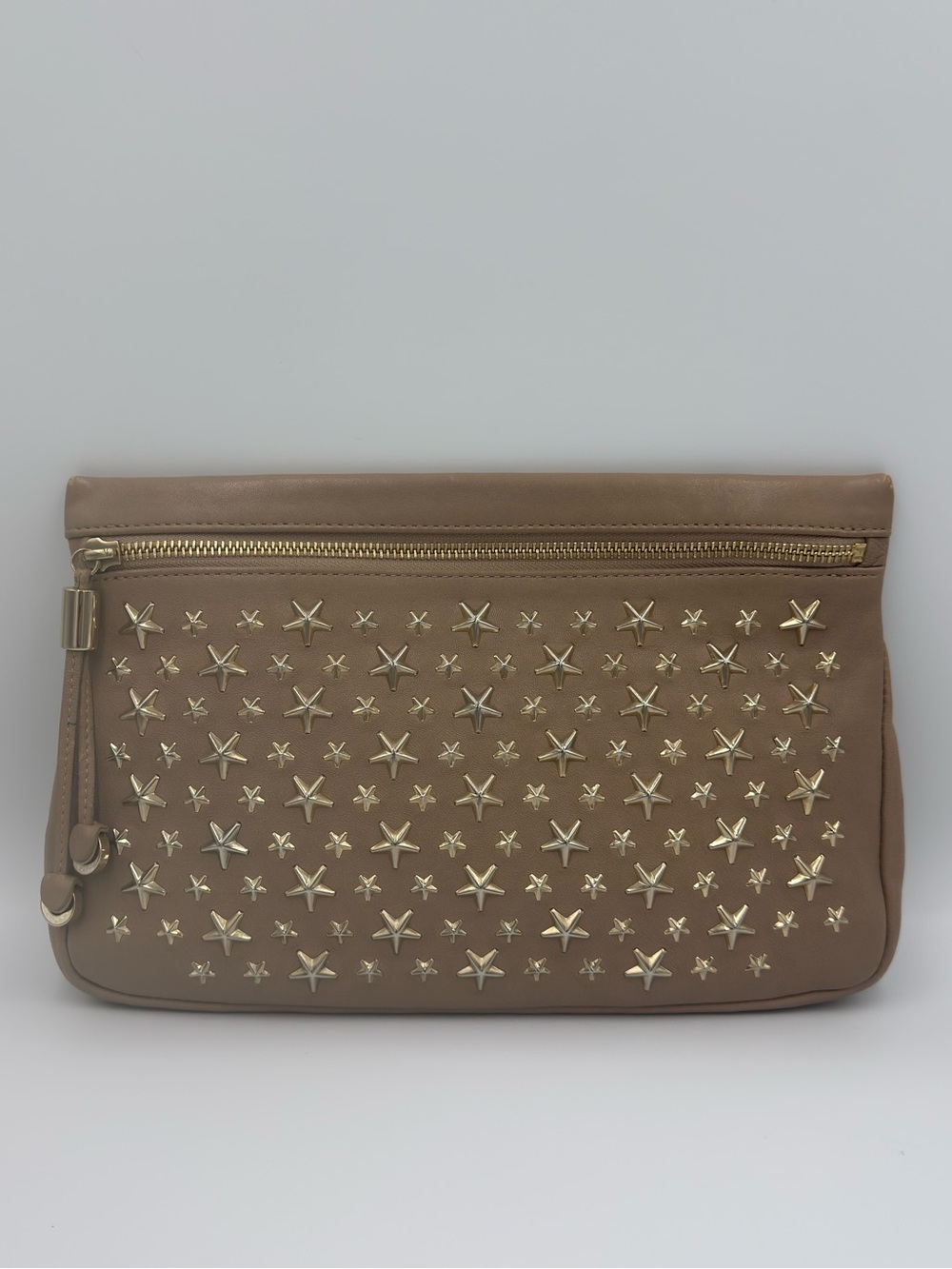 Jimmy Choo Taupe Leather Star-Studded Wristlet Clutch with Gold Hardware